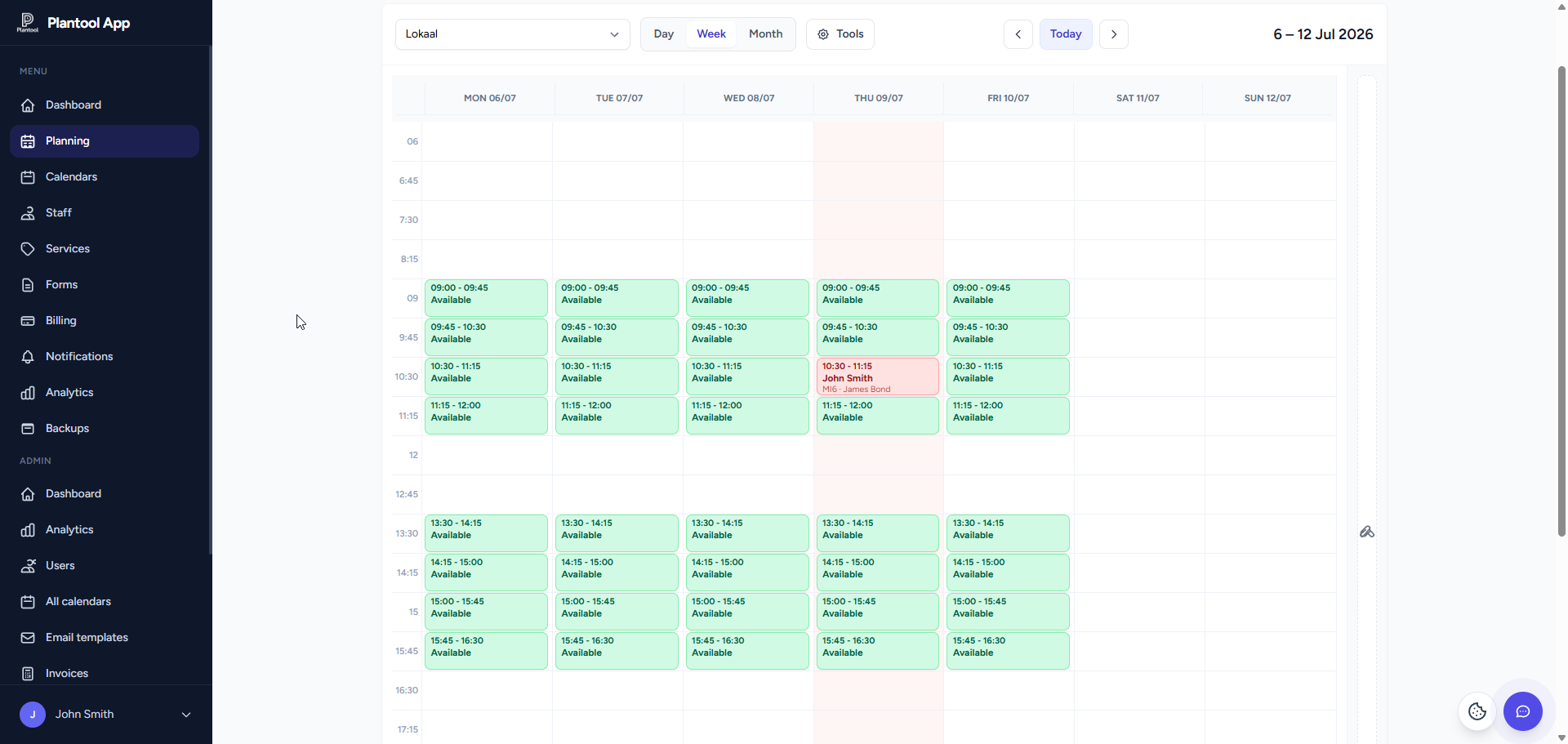 Plantool weekplanning met beschikbare en geboekte tijdsloten