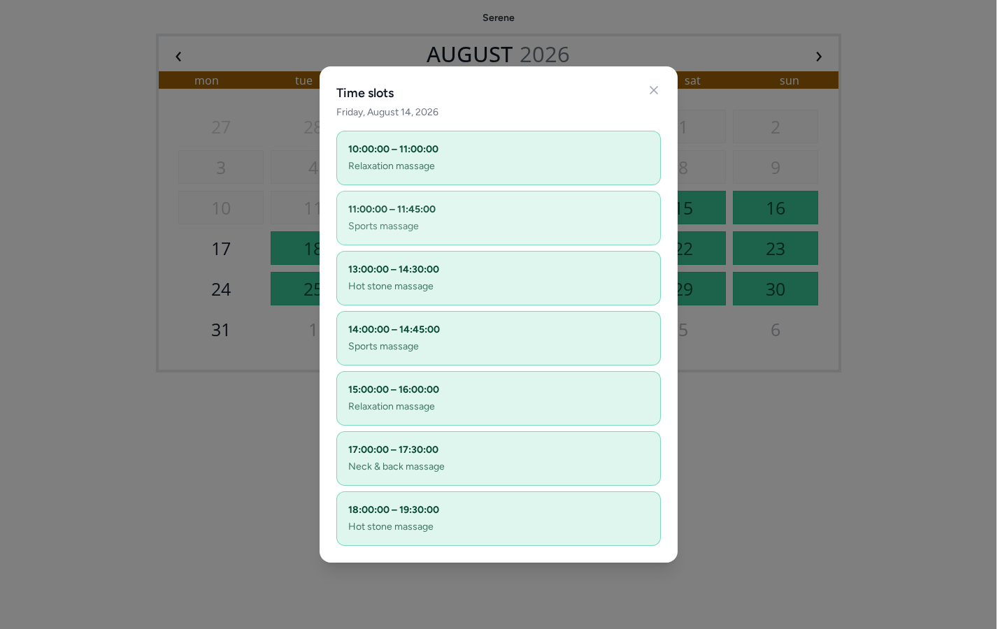 Publieke Plantool-boekingskalender van Serene met beschikbare massage-afspraken